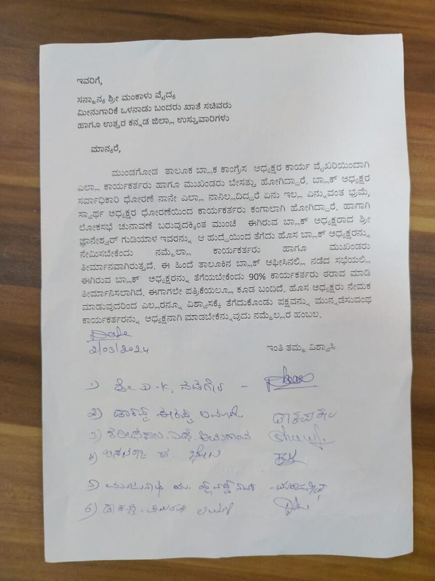 ಮುಂಡಗೋಡ ಬ್ಲಾಕ್ ಕಾಂಗ್ರೆಸ್ ನಲ್ಲಿ ಕೋಲಾಹಲ, ಬ್ಲಾಕ್ “ಕೈ” ಅಧ್ಯಕ್ಷರ ಬದಲಾವಣೆಗಾಗಿ ಕಾರ್ಯಕರ್ತರ ಮನವಿ..!