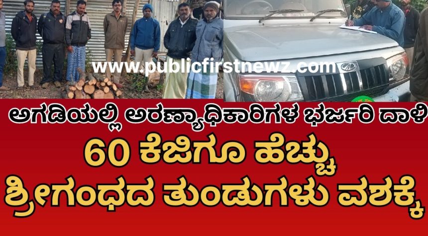 ಅಗಡಿಯಲ್ಲಿ ಅರಣ್ಯ ಅಧಿಕಾರಿಗಳ ಭರ್ಜರಿ ದಾಳಿ, 60 ಕೆಜಿಗೂ ಹೆಚ್ಚು ಶ್ರೀಗಂಧದ ಮರದ ತುಂಡುಗಳು ವಶಕ್ಕೆ, ಆರೋಪಿ ಪರಾರಿ..!